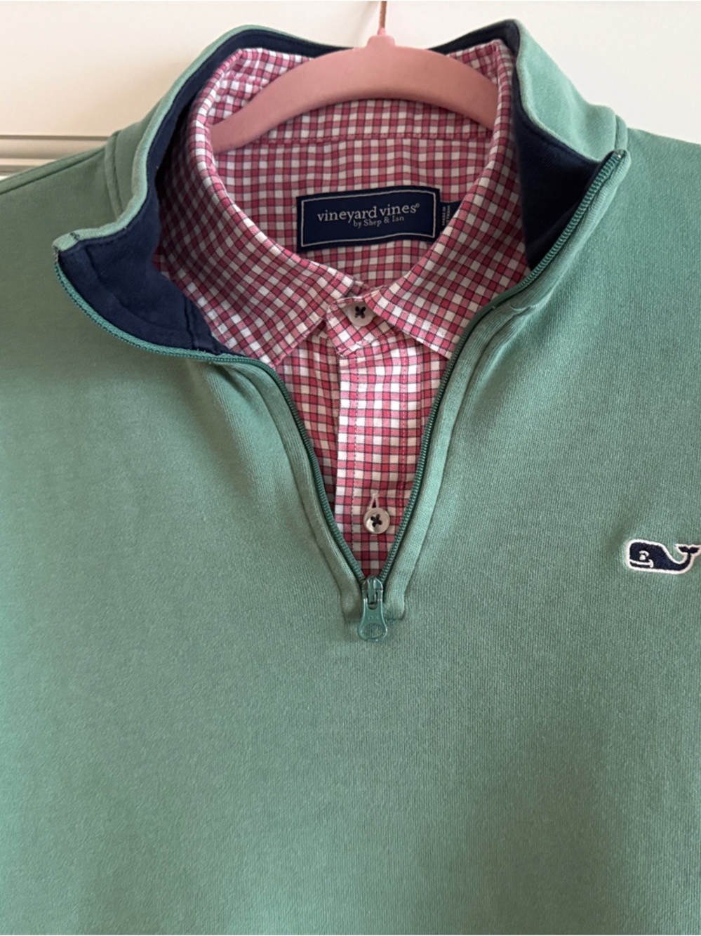 Vineyard Vines Pink and White Gingham Button-Down Shirt and Green Pullover - Picture 6 of 9